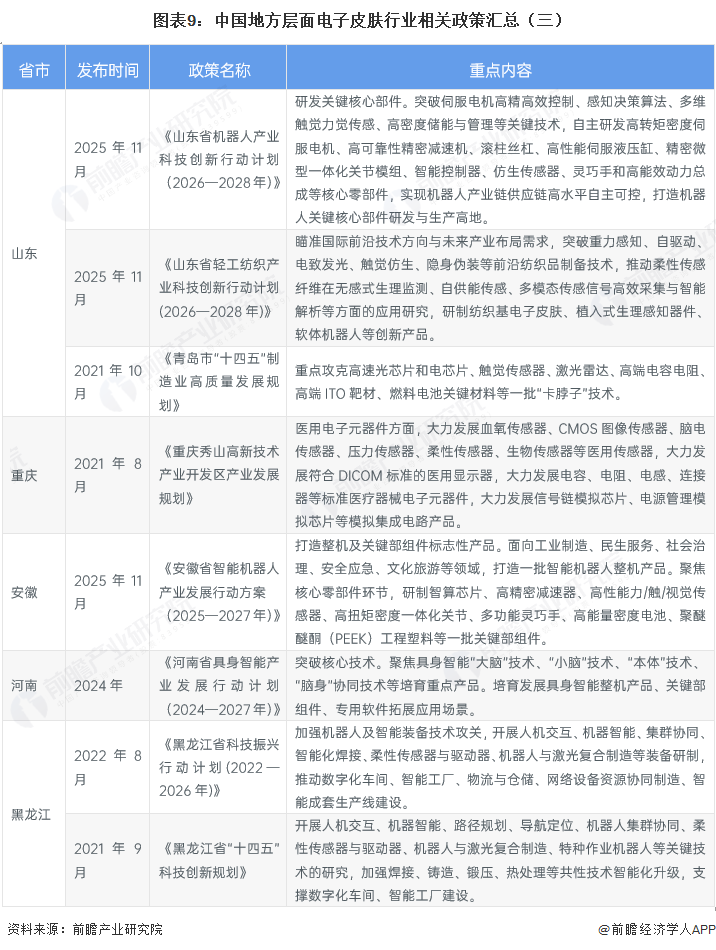 图表9：中国地方层面电子皮肤行业相关政策汇总（三）