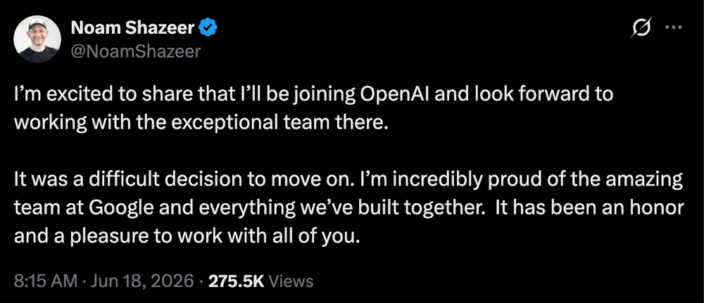 突发！谷歌Gemini联席负责人，被OpenAI挖了