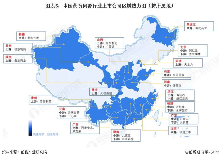 图表5:中国药食同源行业上市公司区域热力图(按所属地)
