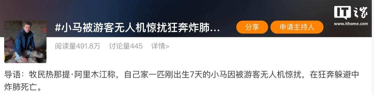 新疆牧民呼吁游客文明放飞无人机:自家养的小马遭飞行器追赶“炸肺死亡”