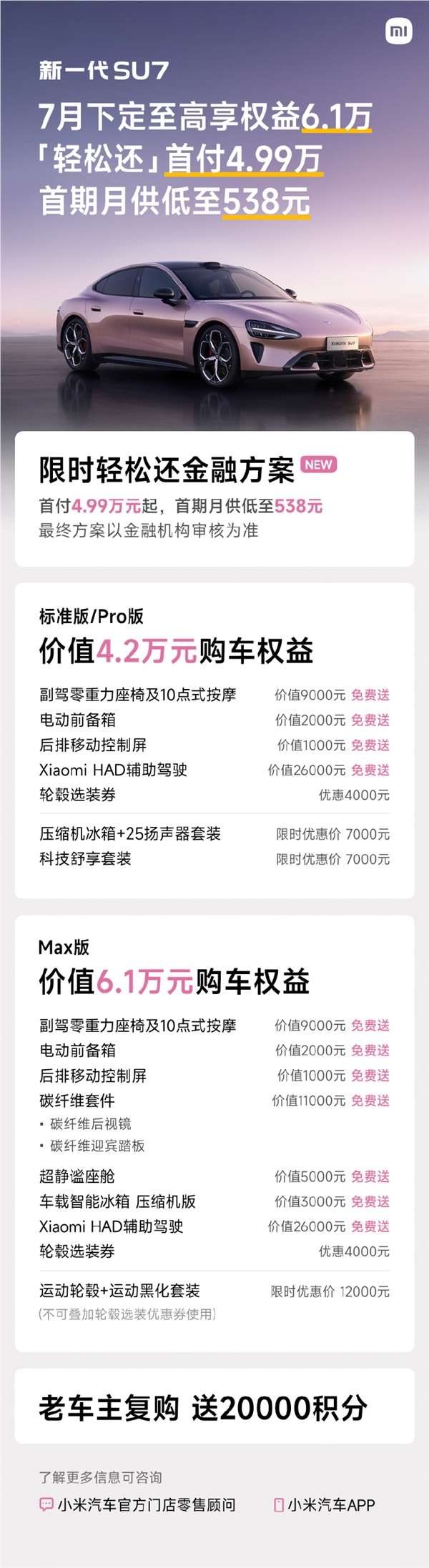 小米SU7新分期上线：首付4.99万 月供低至108元
