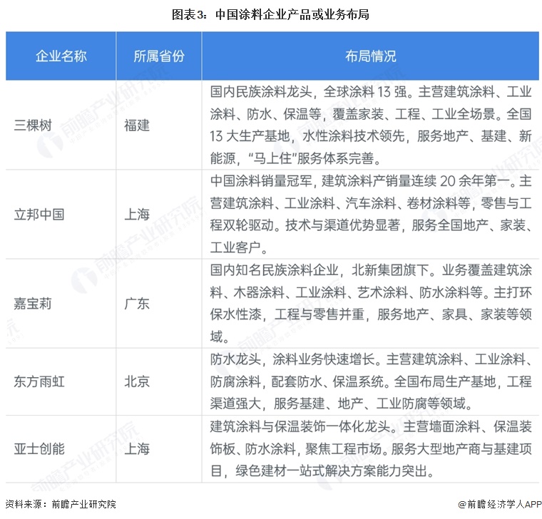 图表3:中国涂料企业产品或业务布局