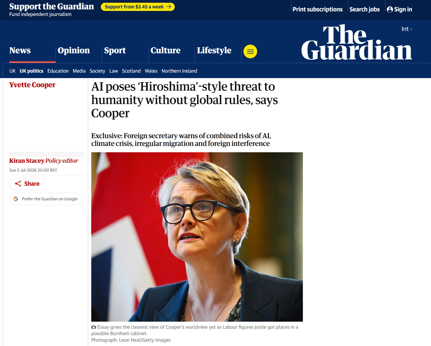 英国外交大臣库珀警告:AI 或成未来 10 年最大安全挑战,世界各国必须建立紧急防护措施
