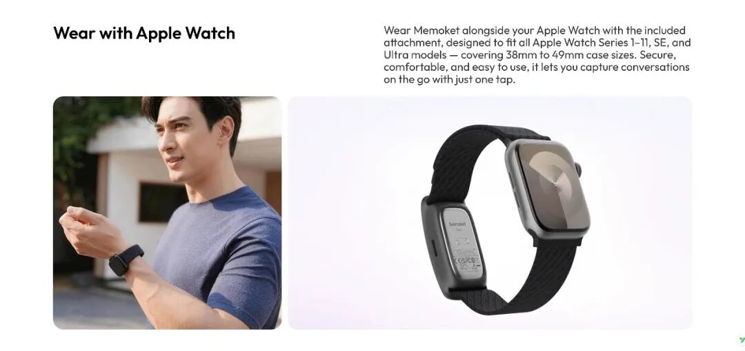MemoKet 官网展示其产品与 Apple Watch 搭配使用的案例｜图片来源：Memoket 官网