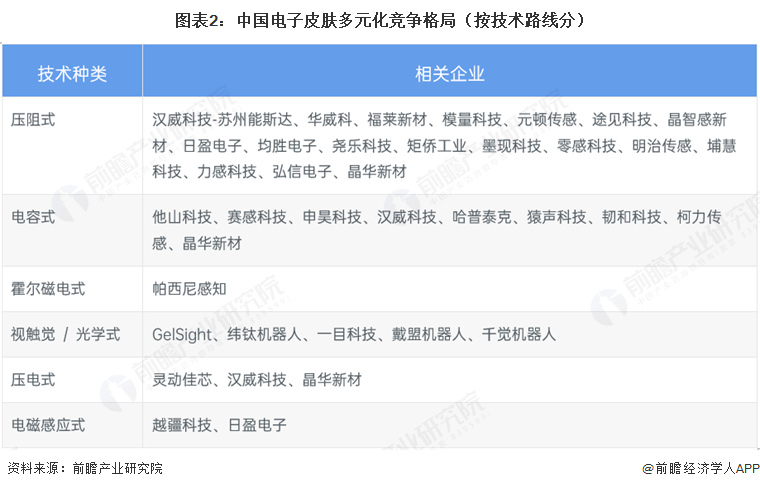 图表2:中国电子皮肤多元化竞争格局(按技术路线分)