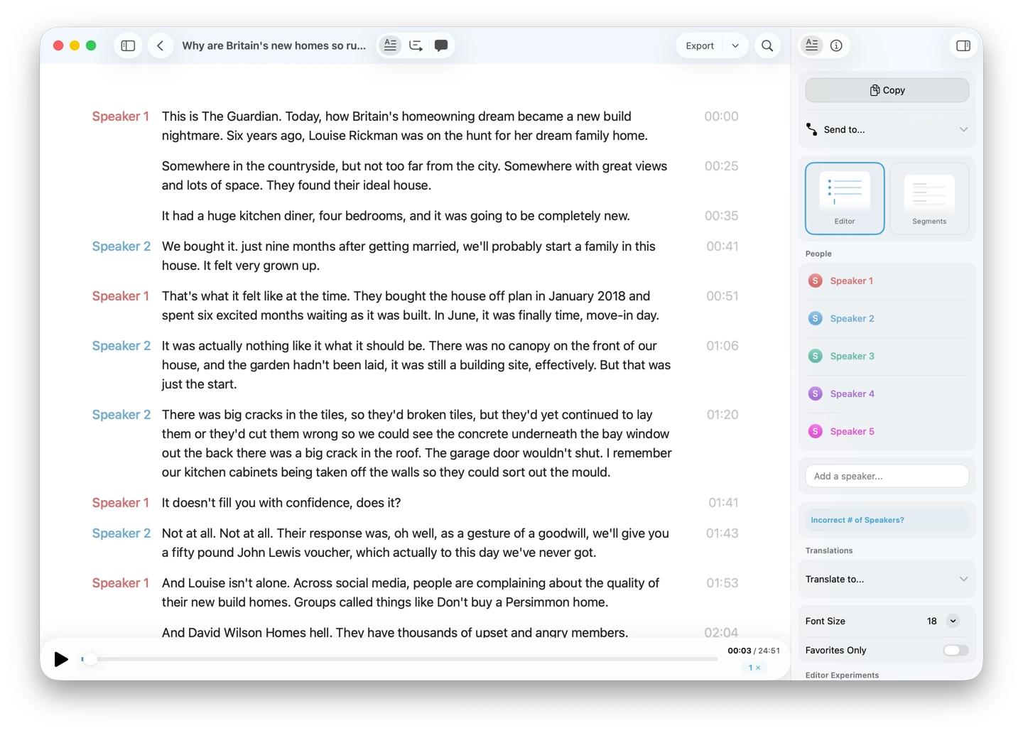 AI 转录 Mac 工具 MacWhisper 14 发布:新增编辑器视图,修复 CPU 占用过高问题