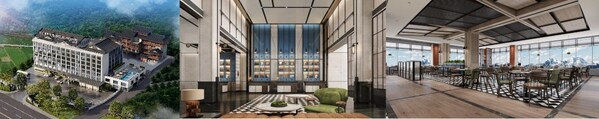 从左到右（效果图）：张家界国家森林公园福朋喜来登酒店外观、桂林象山景区福朋喜来登酒店大堂、 喀纳斯景区禾木福朋喜来登酒店玩啤食社（The MESH）