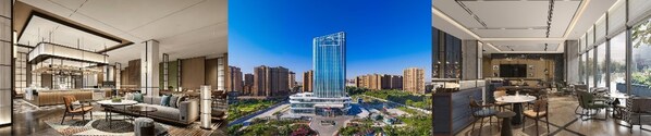 从左到右：洛阳喜来登酒店&More by Sheraton咖啡吧效果图、喀什福朋喜来登酒店外观实景图、 成都宽窄巷子福朋喜来登酒店大堂吧效果图