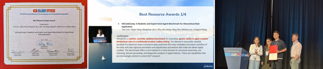 ACL 2026 Best Resource Paper Award 获奖证书以及现场颁奖。