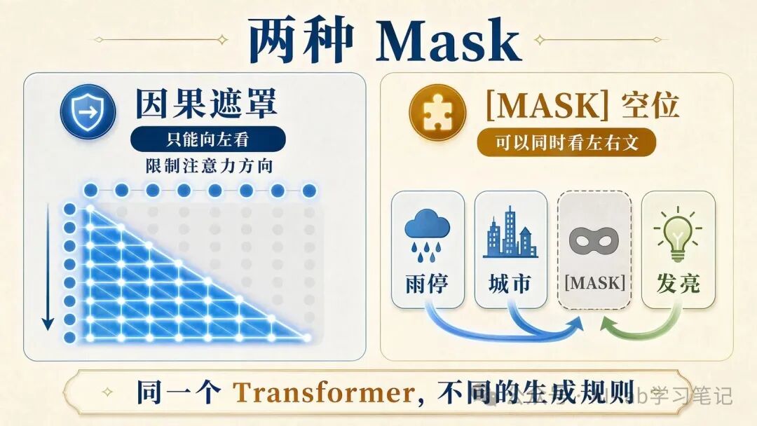 causal attention mask 与 MASK token 的区别：前者限制注意力视线，后者在输入序列中挖出空位