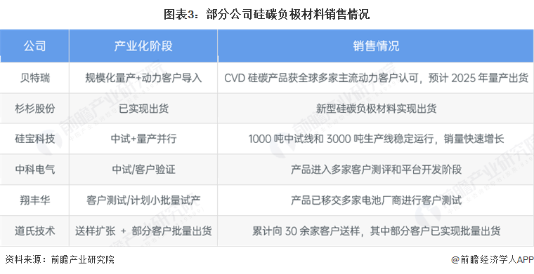 图表3：部分公司硅碳负极材料销售情况