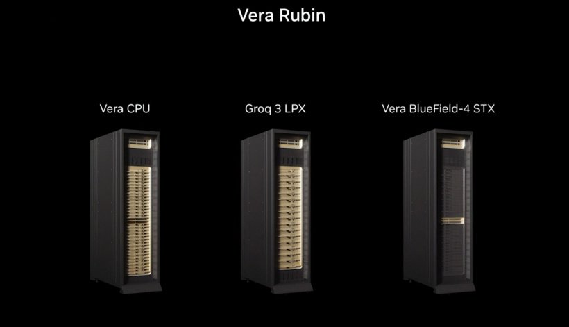 Three server racks labeled 'Vera CPU,' 'Groq 3 LPX,' and 'Vera BlueField-4 STX' are displayed under the title 'Vera Rubin.'