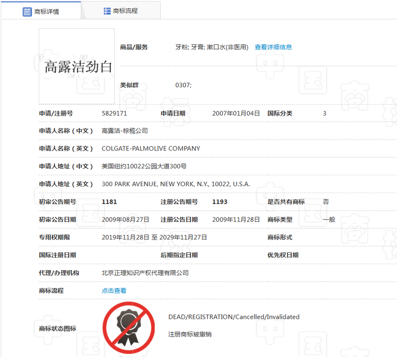 “高露洁劲白”商标被宣告无效。 国家知识产权局商标局网站截图