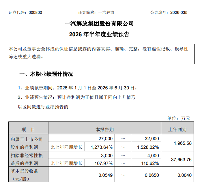 图2：一汽解放2026年半年度业绩预告