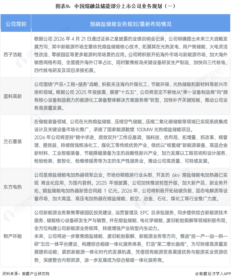 图表9：中国熔融盐储能部分上市公司业务规划（一）