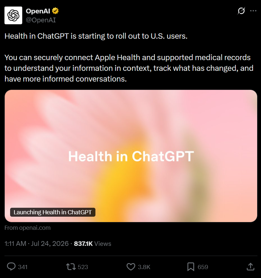 OpenAI版“阿福”上线:能读取病历看病情,打通Apple Health