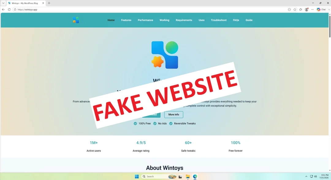 72 个恶意 Win10/Win11 软件站被发现:AI 复刻搭建,培养信任后收割用户 Wintoys developer found a large scale operation impersonating more than 70 popular Windows apps to infect users with malware