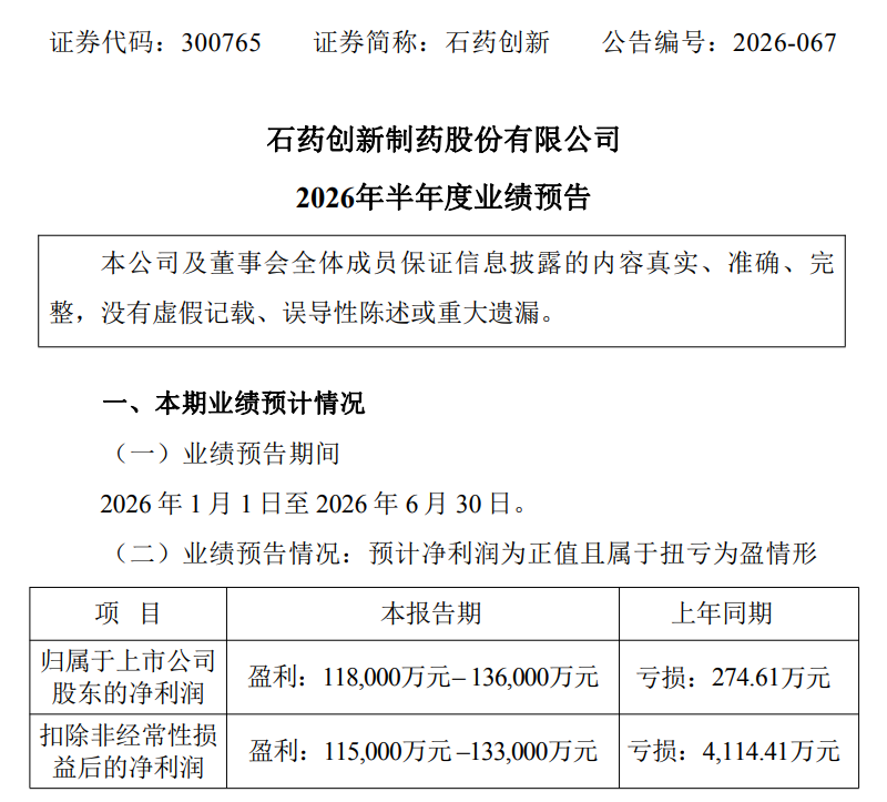 图3：石药创新2026年半年度业绩预告