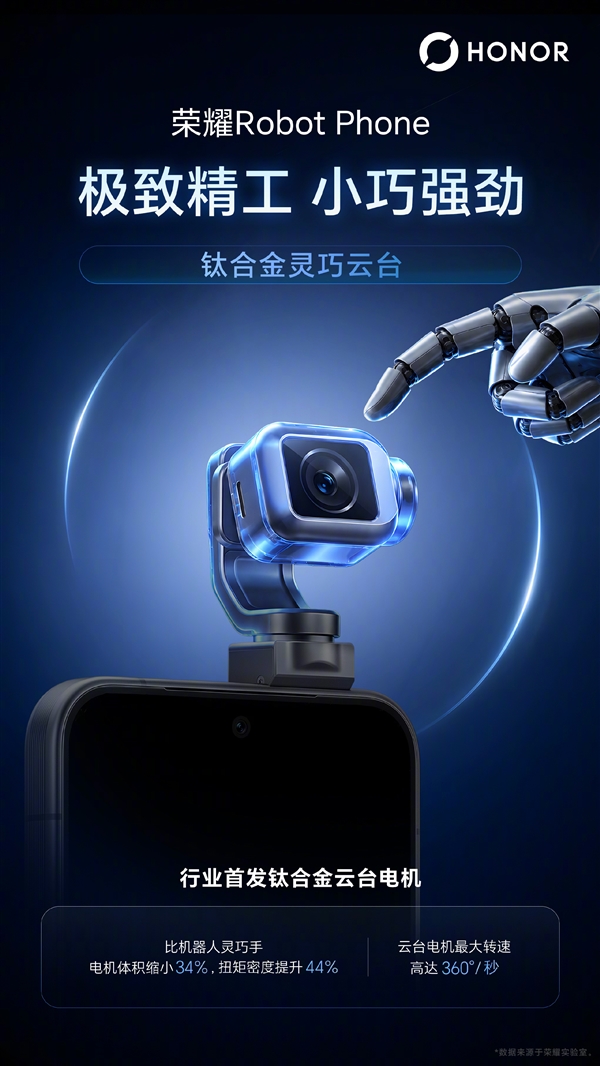 8月12日见!荣耀Robot Phone首发钛合金云台架构/电机:最大转速360°/秒