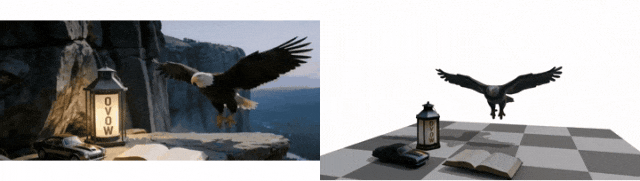 动态 GIF：左侧为野外飞鹰视频，右侧为 OVOW 恢复的拓扑一致非刚性 4D Mesh。画面来自 OVOW 项目主页官方演示