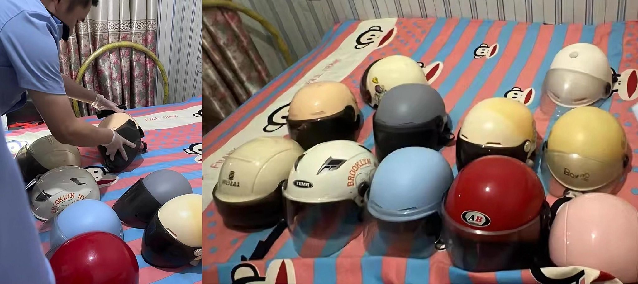 ▲民警在李某家中查获的各式头盔