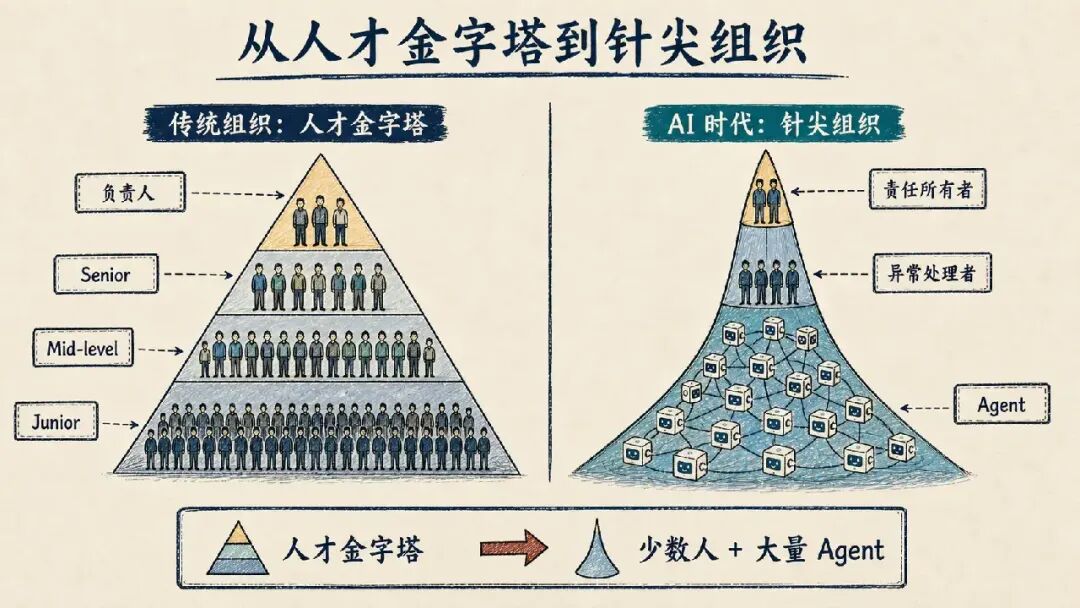 传统互联网公司的人才金字塔与 AI 时代的针尖组织