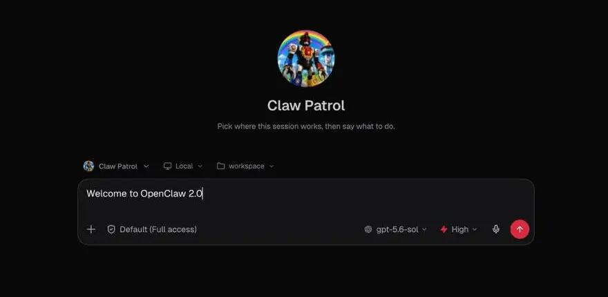 OpenClaw browser app showing the Claw Patrol agent and a new message composer containing Welcome to OpenClaw 2.0.