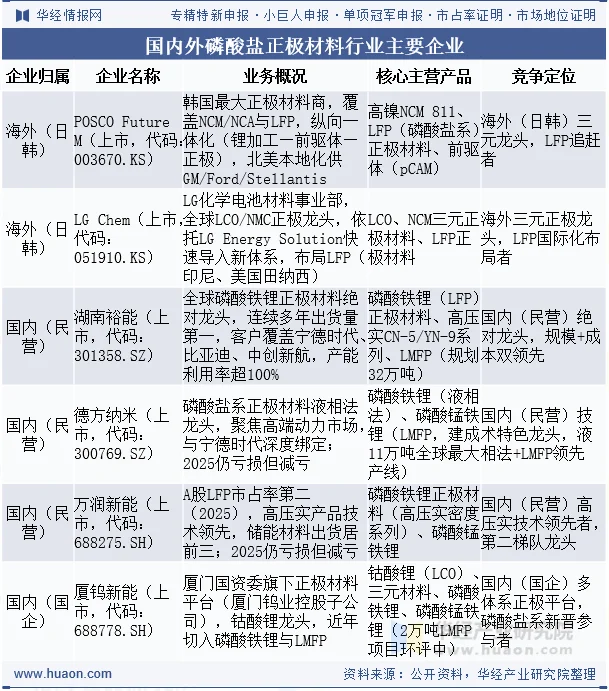 国内外磷酸盐正极材料行业主要企业