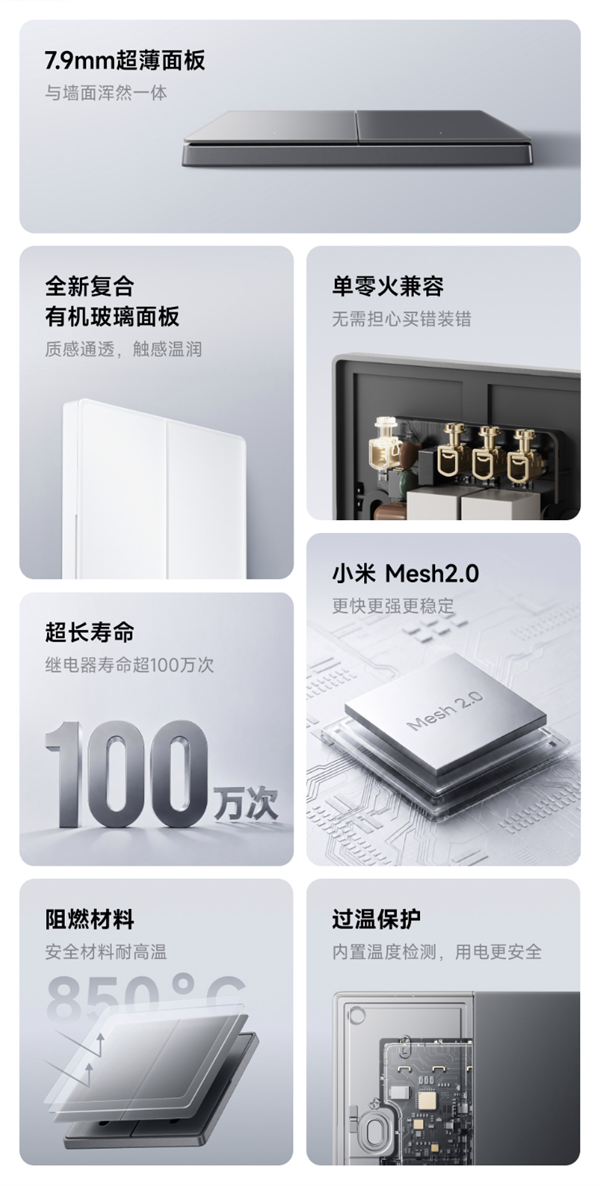 众筹69元起！小米智能开关2发布：有机玻璃面板 单零火兼容