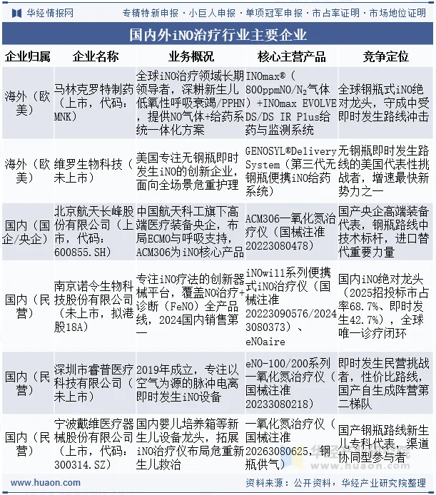 国内外iNO治疗行业主要企业