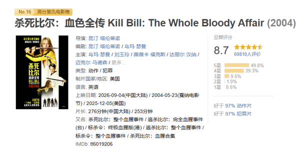 未成年谨慎观看！《杀死比尔：血色全传》今日内地首次上映：275分钟口碑神作