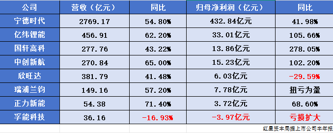 ▲数据来源：电池产业链上市公司半年报 红星资本局制图