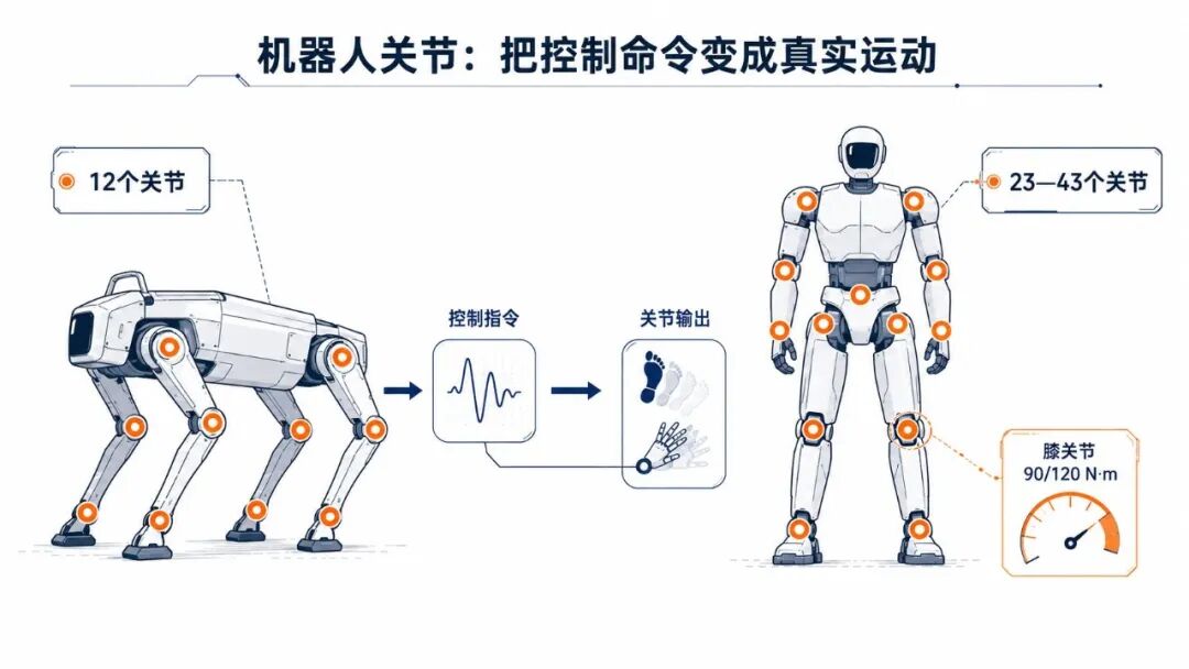 四足与人形机器人关节数量多、负载跨度大，关节把控制指令变成实际运动