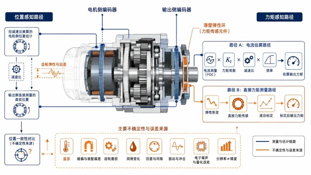 双编码器跨越减速器观察位置偏差，电流估算与直接力矩传感则覆盖不同的测力边界