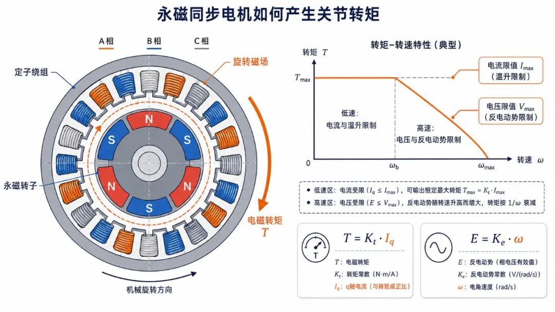 永磁同步电机在低速区主要受电流和温升限制，高速区还受电压与反电动势约束