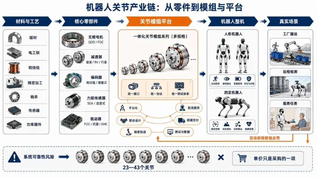 产业价值从分立零部件向关节模组平台、测试数据、规模交付和现场服务延伸
