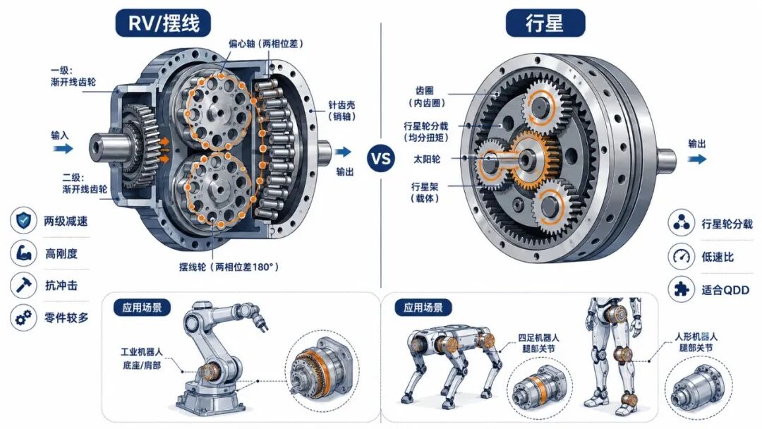 RV/摆线方案强调刚度与抗冲击，行星方案更利于低速比、高效率和准直驱集成