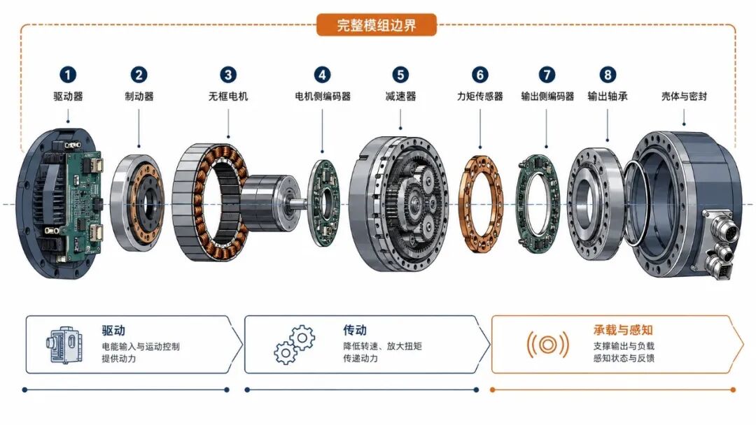 完整关节模组通常包含驱动、制动、电机、减速器、传感器、轴承、壳体与密封