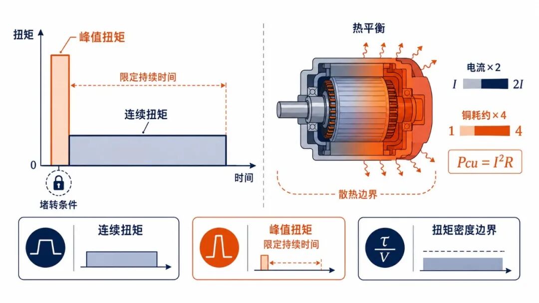 峰值扭矩依靠热容量短时维持，连续扭矩则取决于热平衡和明确的散热边界