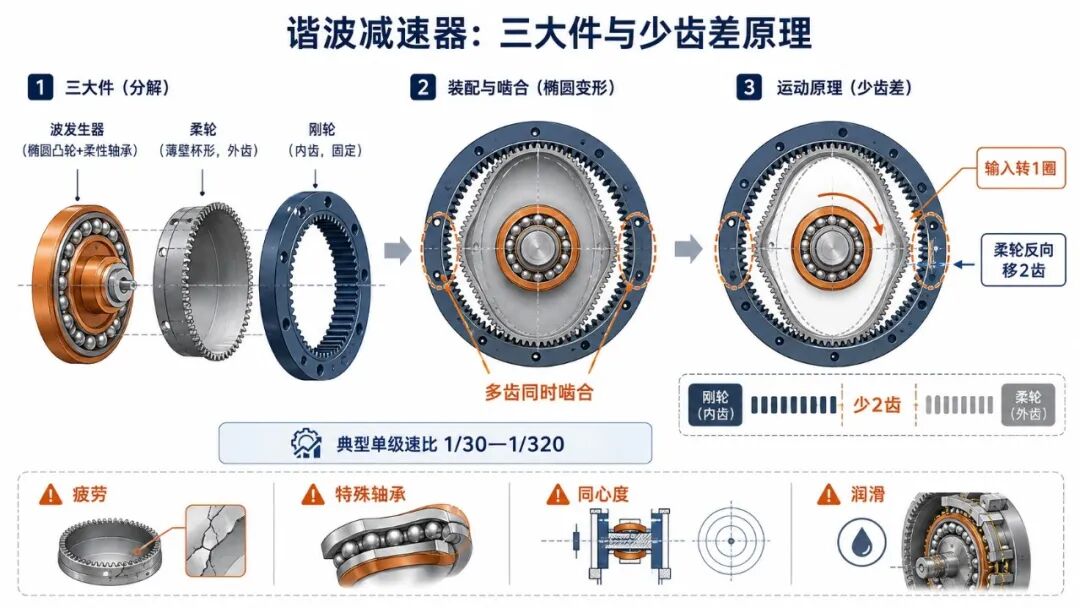波发生器使柔轮椭圆变形并与刚轮多齿啮合，少齿差形成单级大减速比