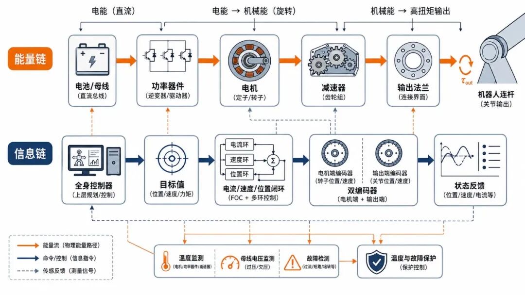 关节内部同时存在能量链和信息闭环，二者共同决定输出力矩与故障响应