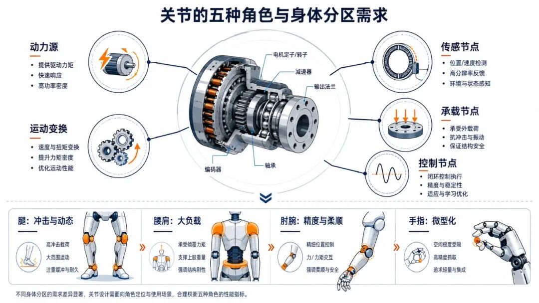 关节同时承担动力、传动、感知、承载和控制，不同身体部位的性能侧重并不相同