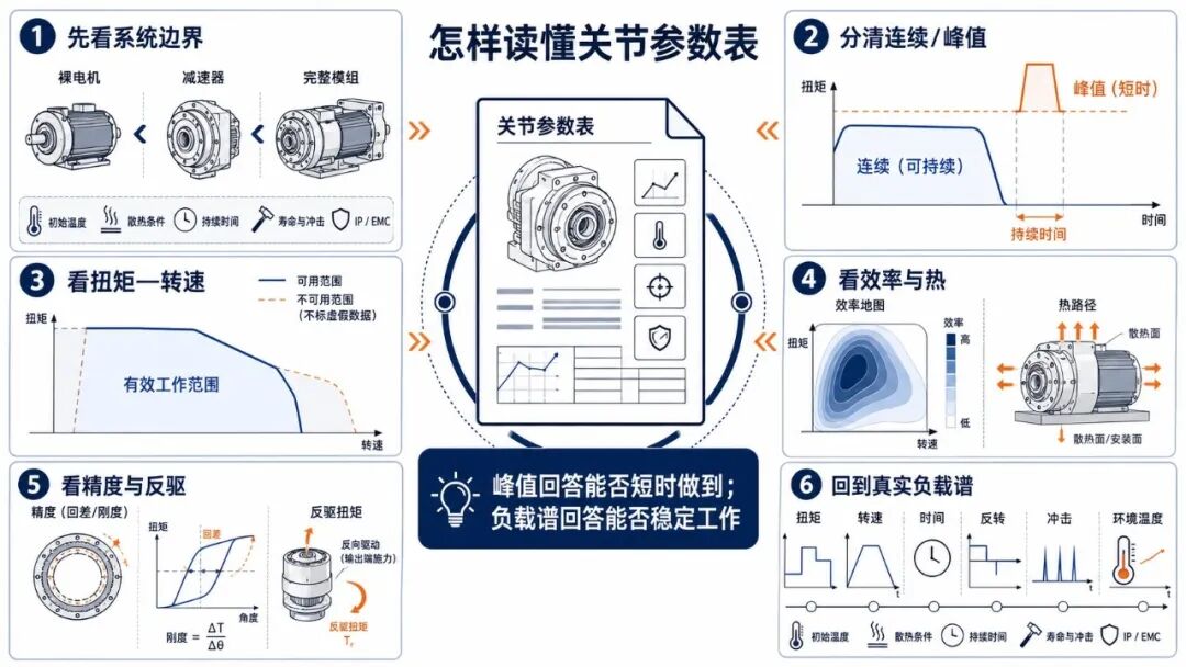 阅读关节参数要先确认系统边界，再核对连续能力、工作区、效率、精度与真实负载谱