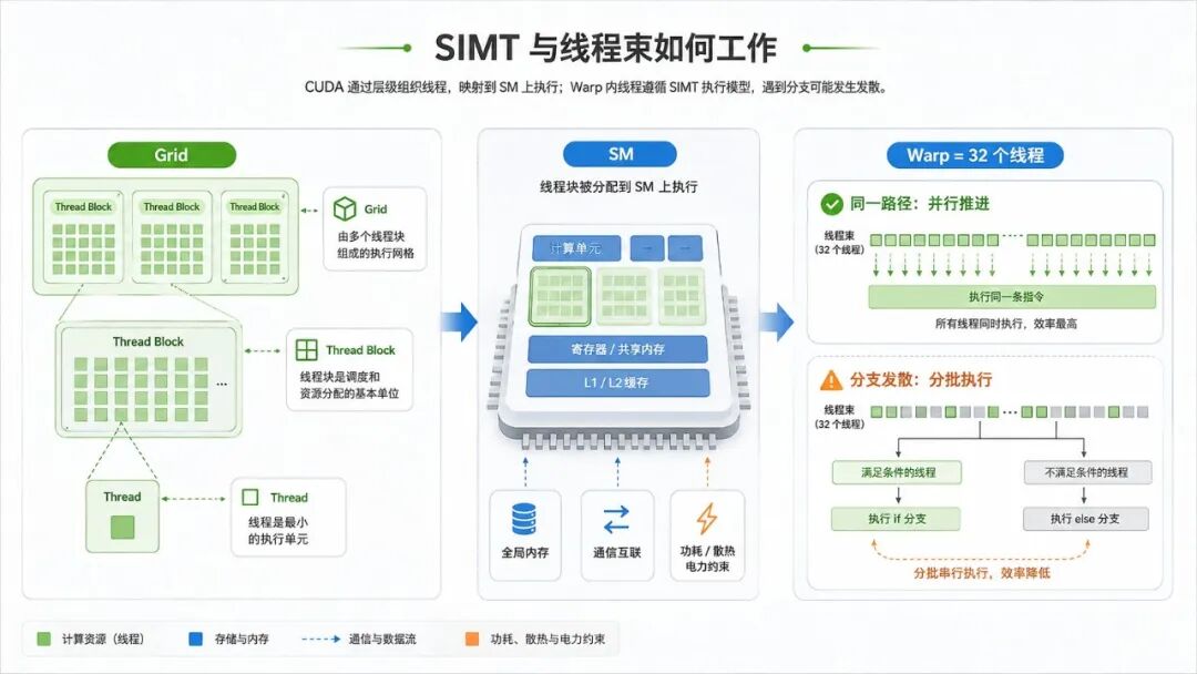 CUDA 线程、线程块、SM 与 warp 的 SIMT 执行关系