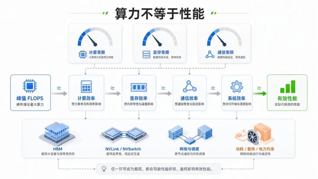 峰值算力经过计算、显存、通信和系统效率转化为有效性能