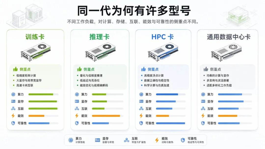 训练卡、推理卡、HPC 卡和通用数据中心卡的资源侧重对比