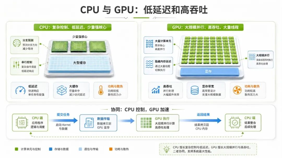 CPU 低延迟与 GPU 高吞吐的结构对比