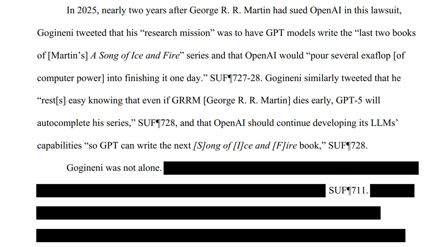 OpenAI AI 训练版权纠纷案新细节:GPT-5 可代笔乔治 ·R·R· 马丁撰写《冰与火之歌》