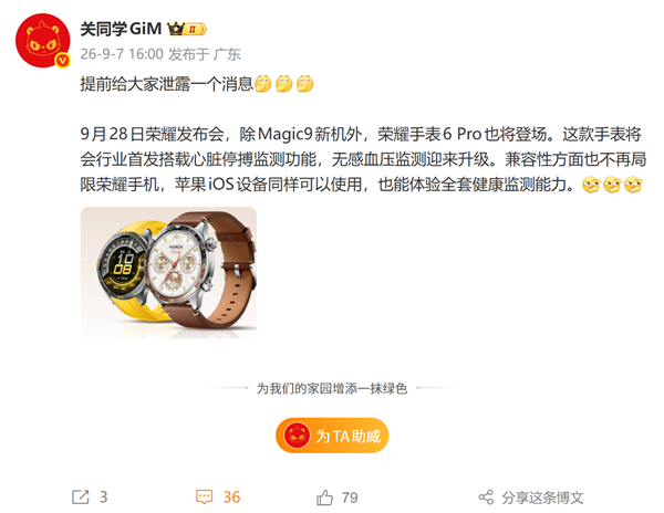 荣耀手表6 Pro宣布首发心脏停搏监测 紧急情况主动求救