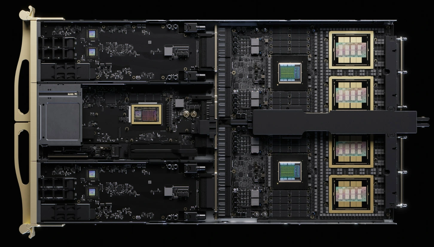 An interior view of the NVIDIA DGX GH200 supercomputer showcasing multiple interconnected GPU modules and circuit boards.